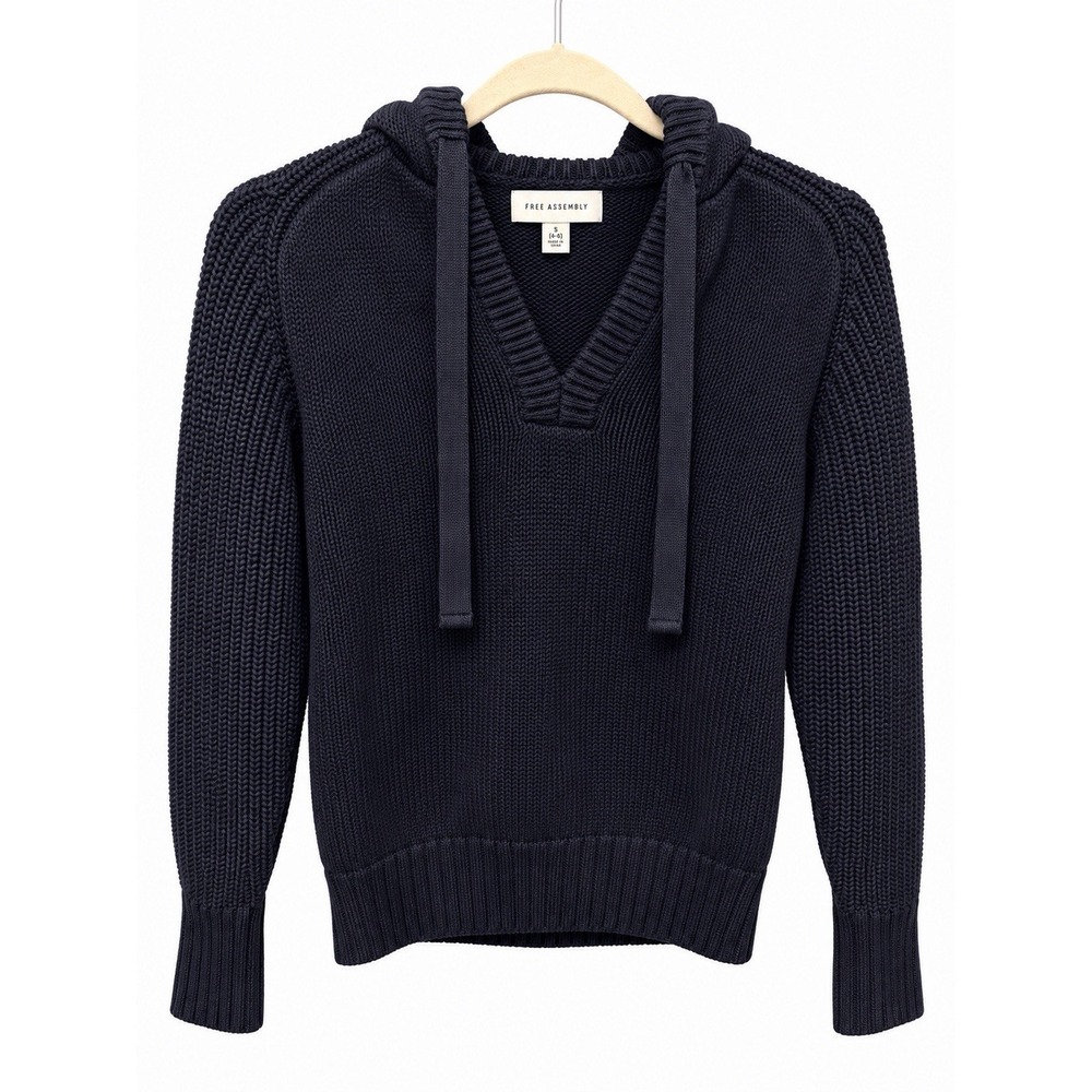 Free Assembly Women's Small Black Knit Hooded Sweater V-Neck Pullover Hoodie